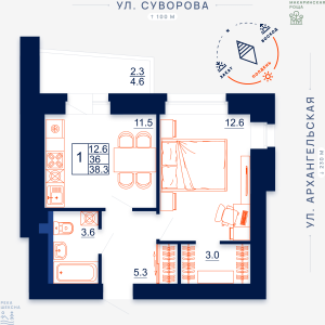 Схема планировки однокомнатной квартиры в Макаринская роща дом по ул. Суворова, площадь 38.3 кв.м. – квартира # 55