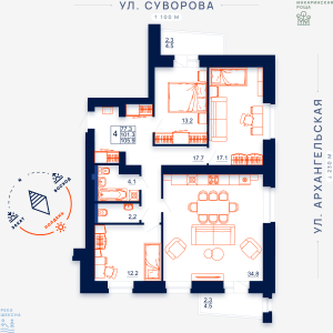 Схема планировки трехкомнатной квартиры в Макаринская роща дом по ул. Суворова, площадь 105.9 кв.м. – квартира # 62