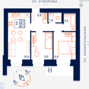 Схема планировки двухкомнатной квартиры в Макаринская роща дом по ул. Суворова, площадь 50.4 кв.м. – квартира # 10