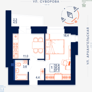 Схема планировки однокомнатной квартиры в Макаринская роща дом по ул. Суворова, площадь 37.7 кв.м. – квартира # 7
