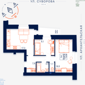 Схема планировки двухкомнатной квартиры в Макаринская роща дом по ул. Суворова, площадь 57 кв.м. – квартира # 32